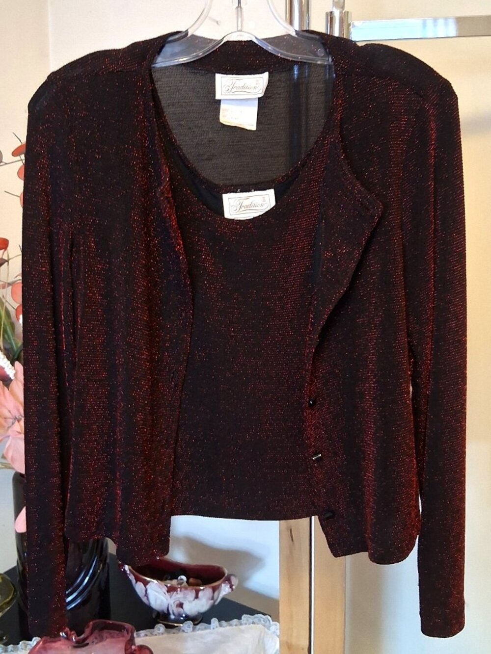VTG Tradition 2 Piece Black Red Camisole Blazer Set Vintage Spring Fall Tops 10